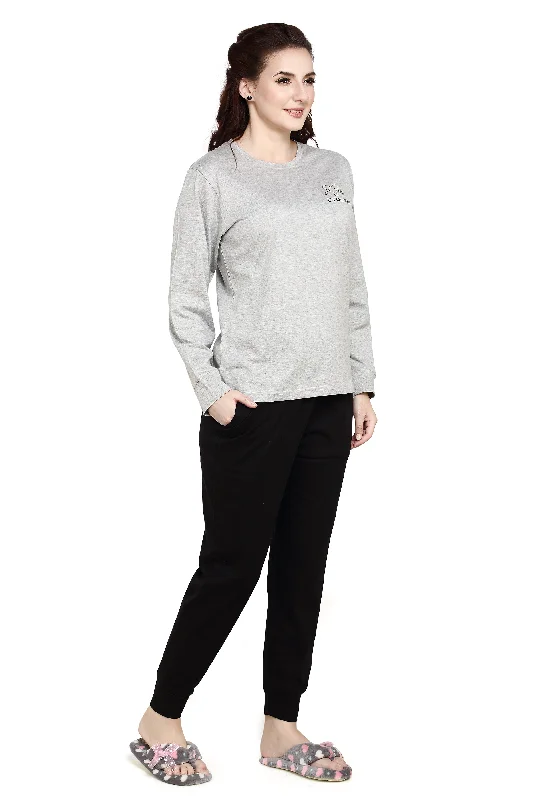 evolove Grey Round neck evolove Print Women's Full sleeve (Pajama set) Night suit